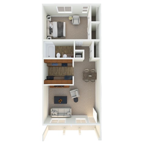 Floor plan for 1 bed, 1 bath, 727 sqft